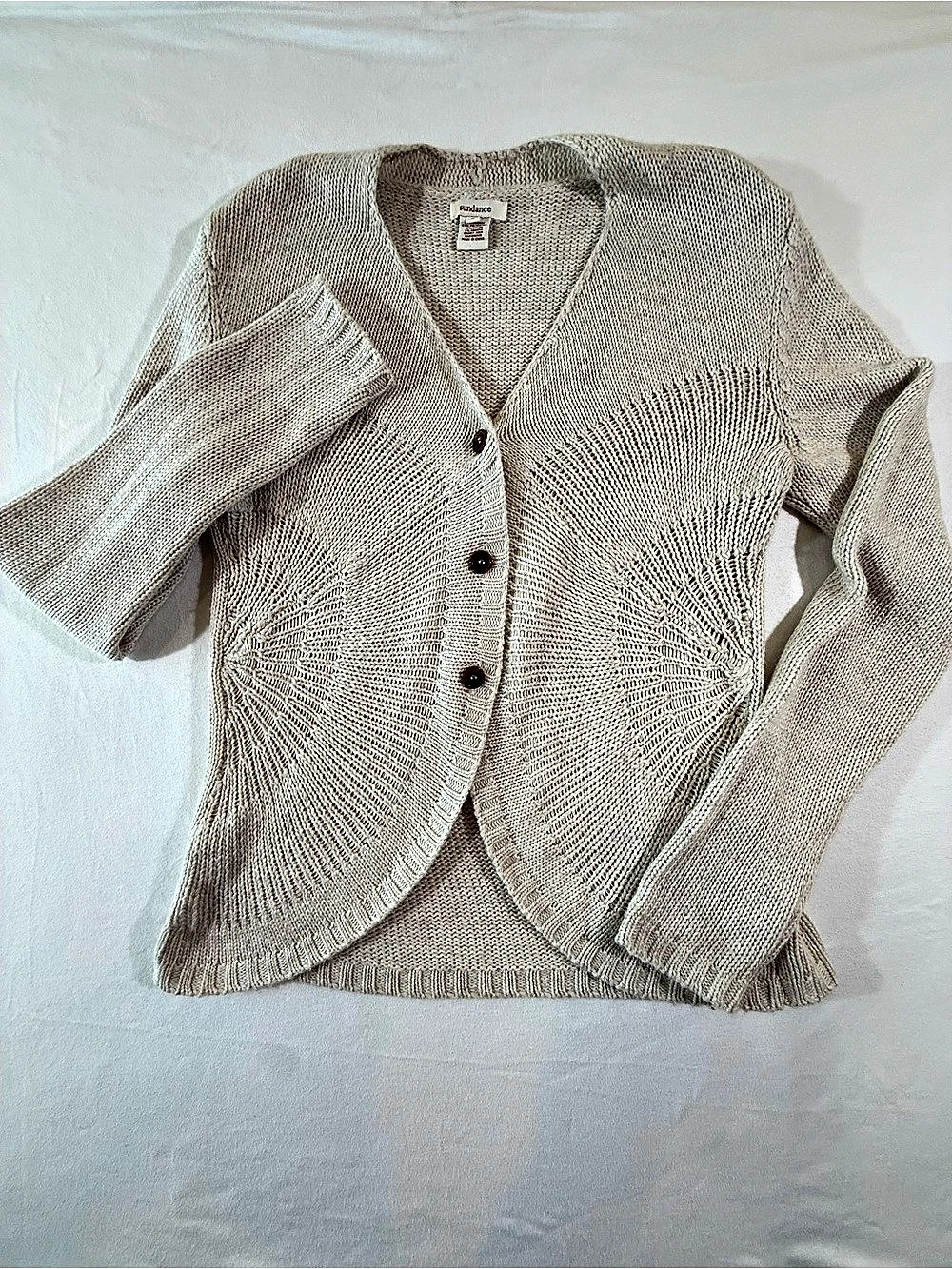 Sundance Sunburst Pointelle Knit Cardigan Beige Large